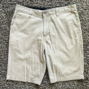 Volcom Khaki Tan Flat Front Chino Beach Shorts, Classic Bermuda Style, Size 33